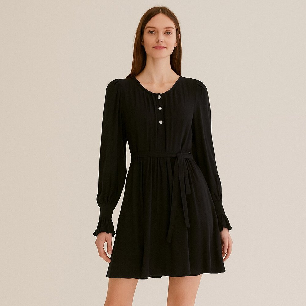 Jodifl NEW Black Long Sleeve Button Front Belted Mini Dress Lined Size S M L
